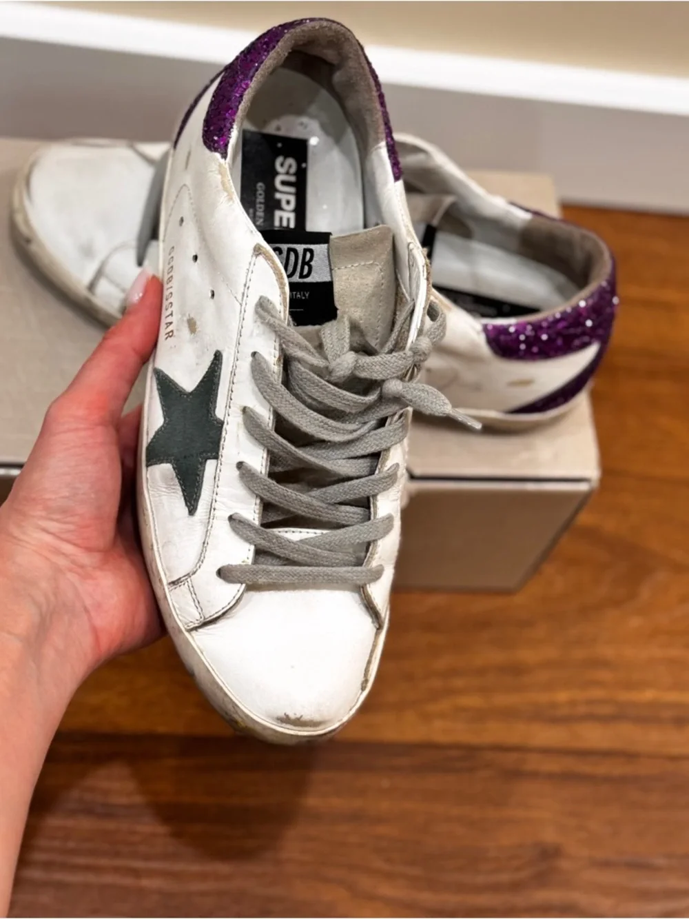✨ Golden Goose Super-Star Sneakers – White / Green Star / Purple Glitter Heel 39